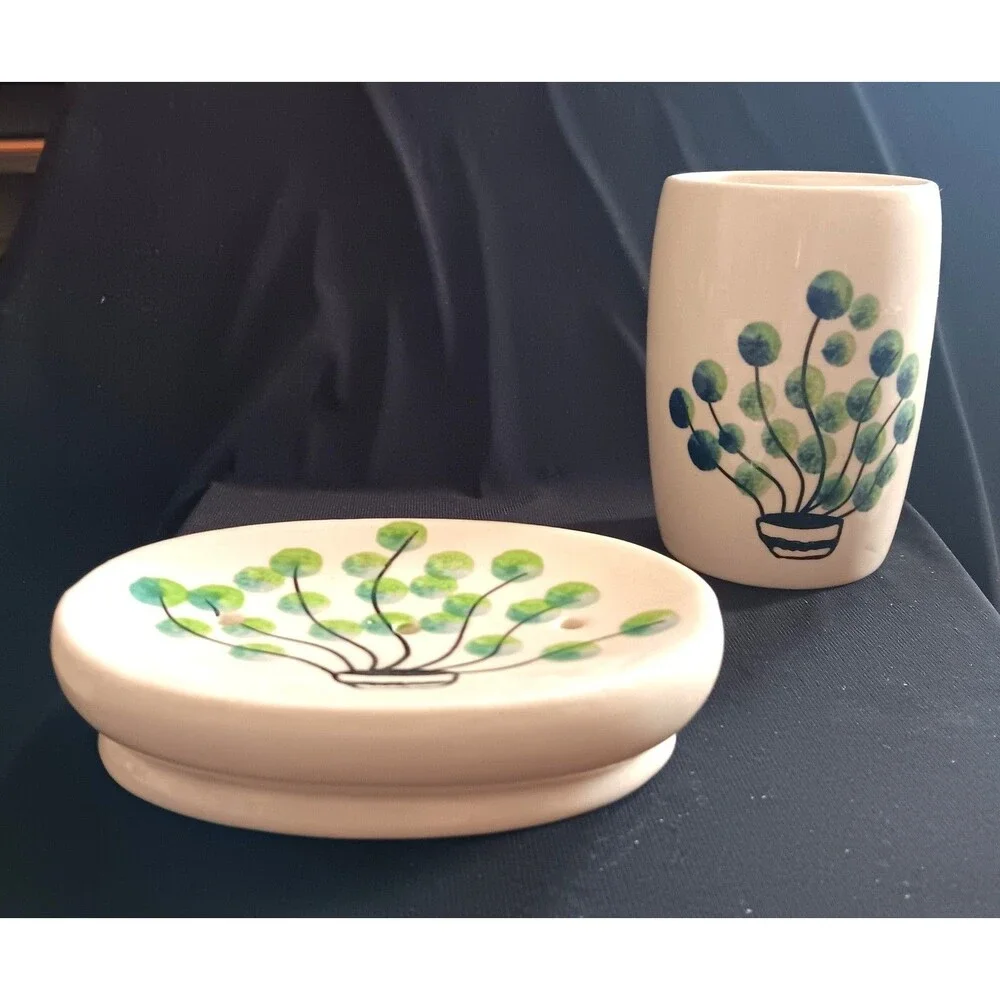 Hand Painted Ceramic Bathroom Set Soap Dish Cup Peacock Flowers